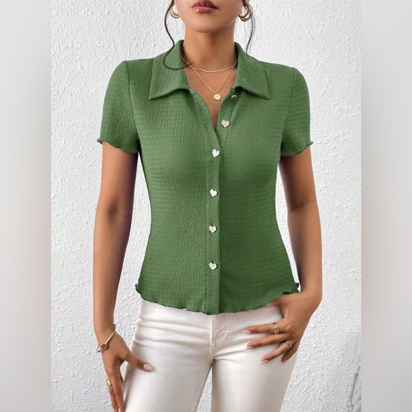 Green Fitted Ribbed Button Down Shirt - Picture 6 of 9